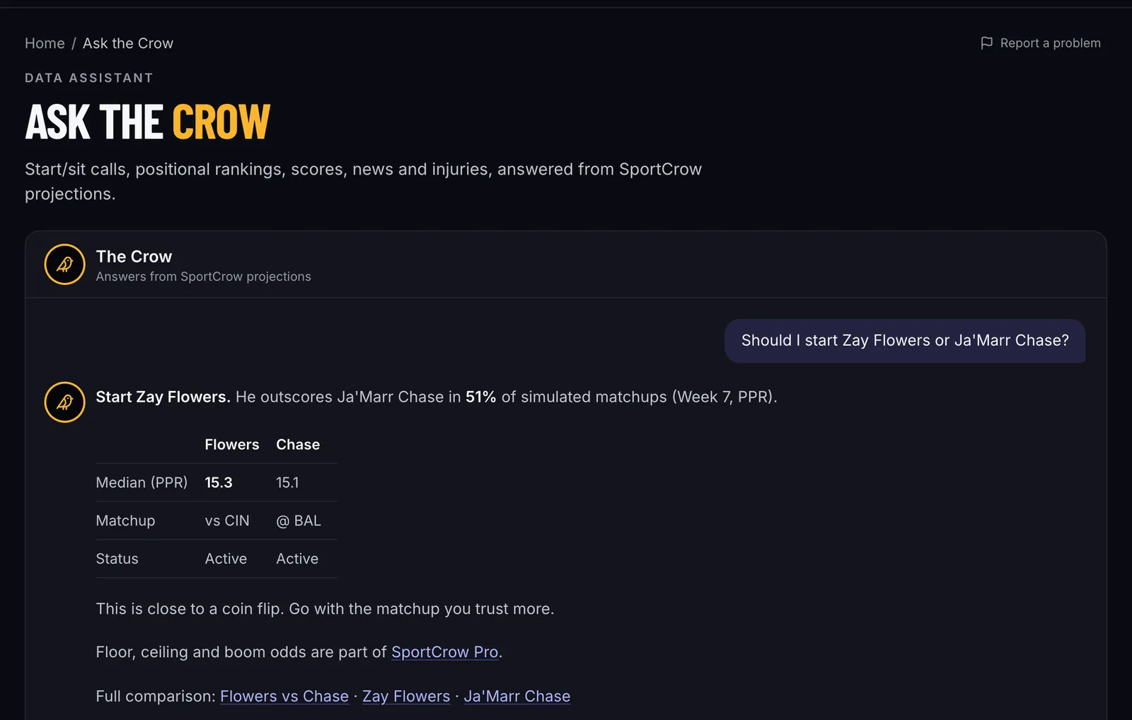 Ask the Crow answering a start/sit question